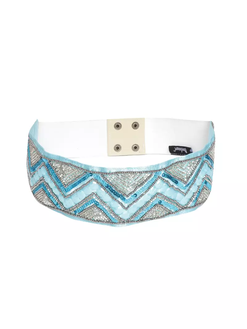 Anekaant Sky Blue & Silver Chevron Beaded Satin Belt