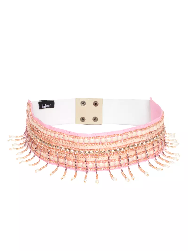 Anekaant Baby Pink & Multi Striped Beaded Cotton Belt
