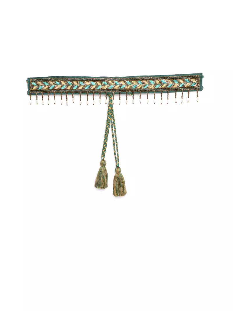 Anekaant Dark Green & Multi Geometric Design Beaded Cotton Belt