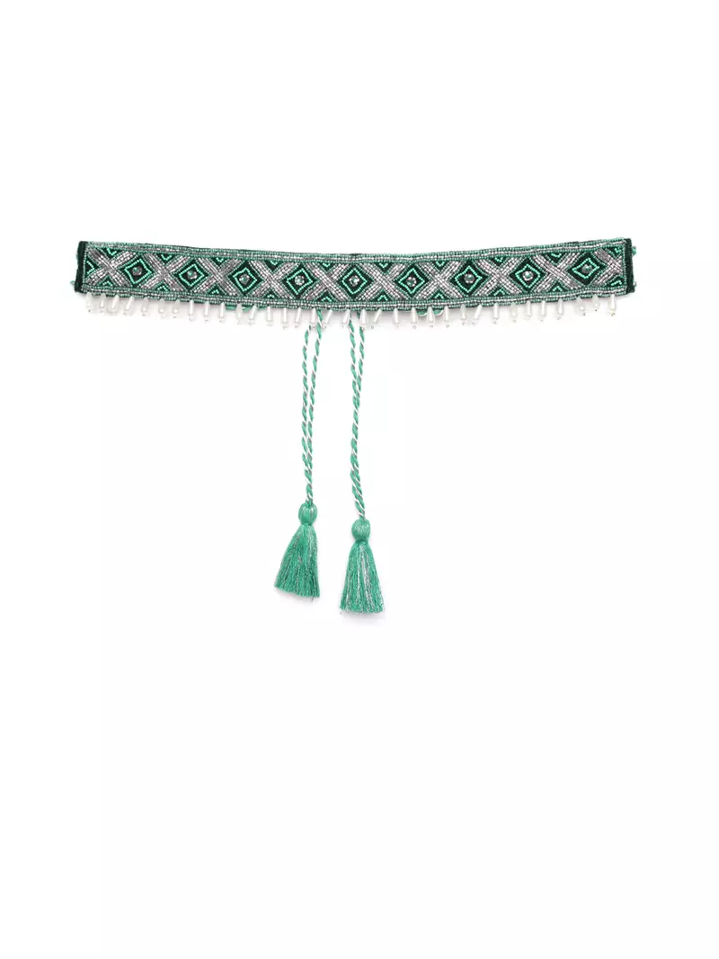 Anekaant Turquoise & Silver Geometric Design Beaded Velvet Belt