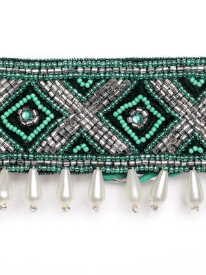 Turquoise & Silver Geometric Design Beaded Velvet Belt 3