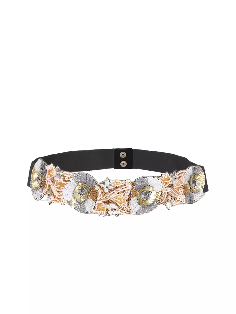 Anekaant Peach & Gold Floral Sequined Velvet Belt