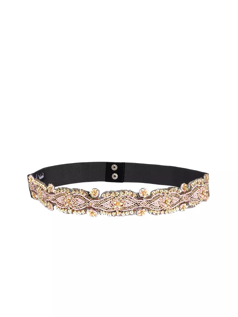 Anekaant Pink & Gold Ogee Beaded Velvet Belt