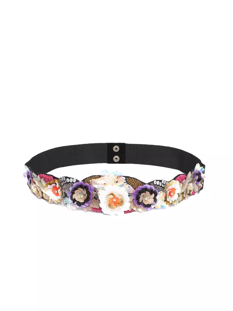 Anekaant Multi Floral Sequined Velvet Belt