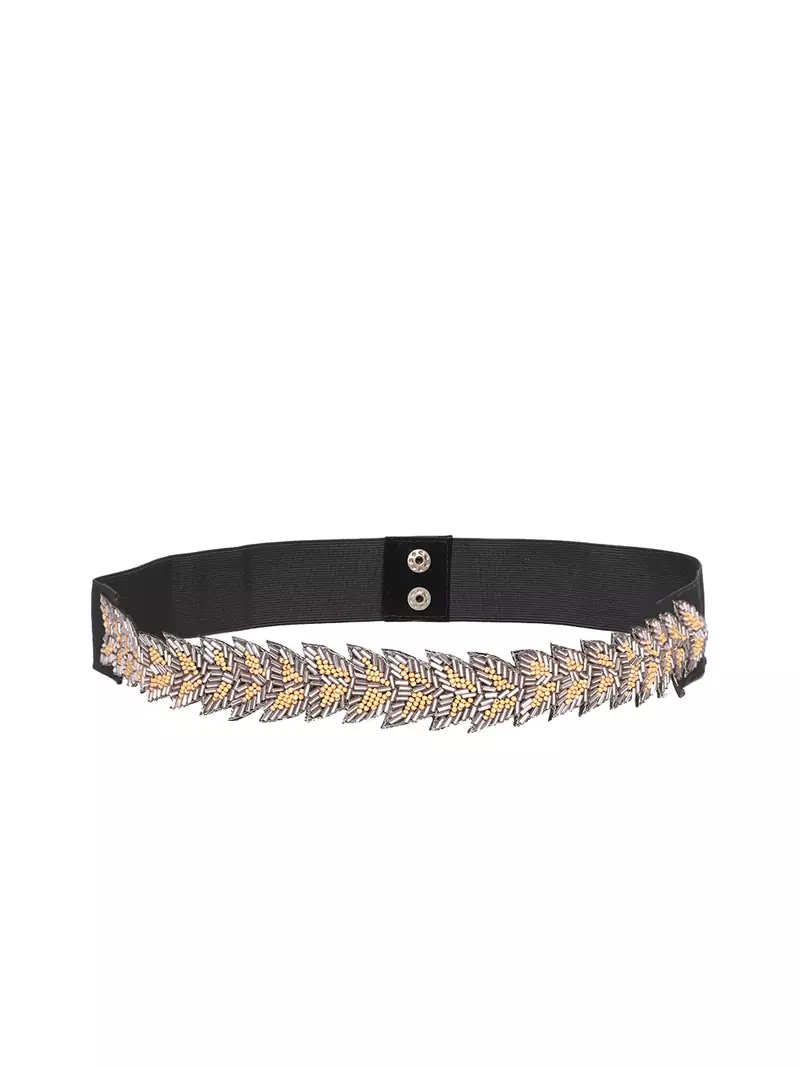Anekaant Grey & Multi Botanical Beaded Velvet Belt