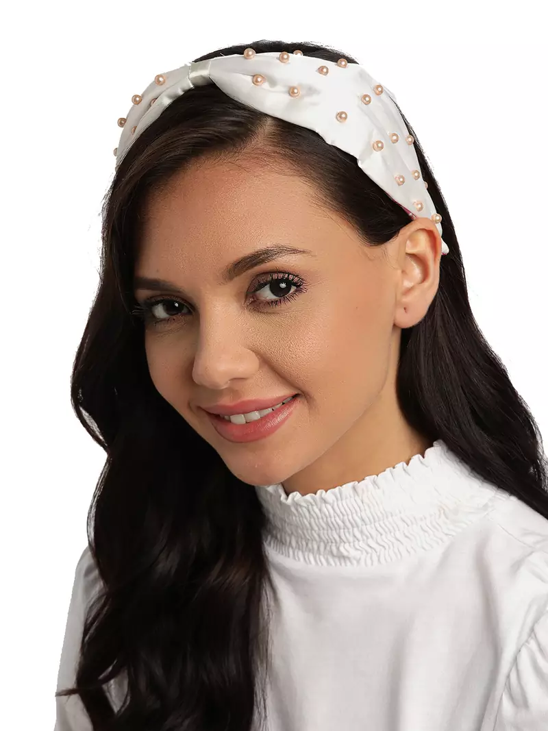 Anekaant White & Gold Beaded Satin Hair Band