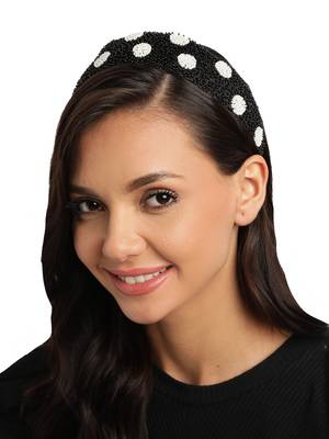 Black & White Beaded Faux Silk Hair Band 1