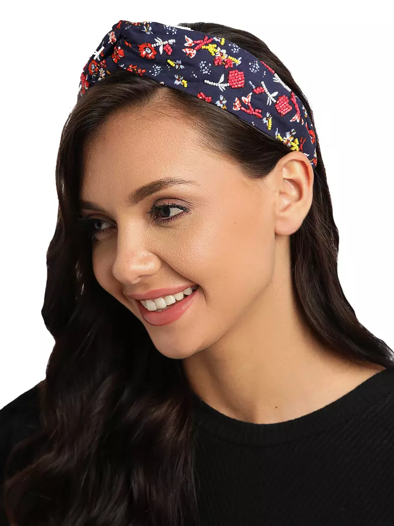 Anekaant Navy & Multi Beaded Printed Cotton Hair Band