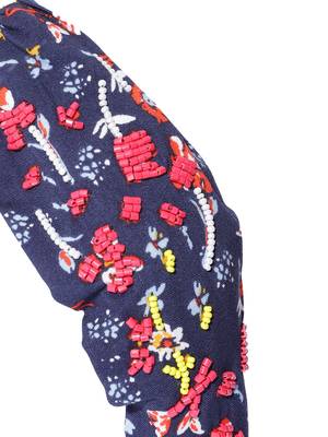 Navy & Multi Beaded Printed Cotton Hair Band 2