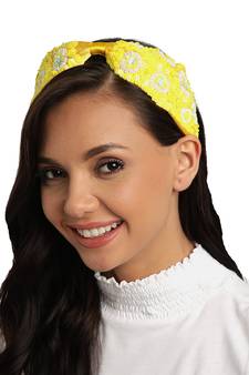 Yellow & Multi Floral Sequined Satin & Faux Silk Hair Band