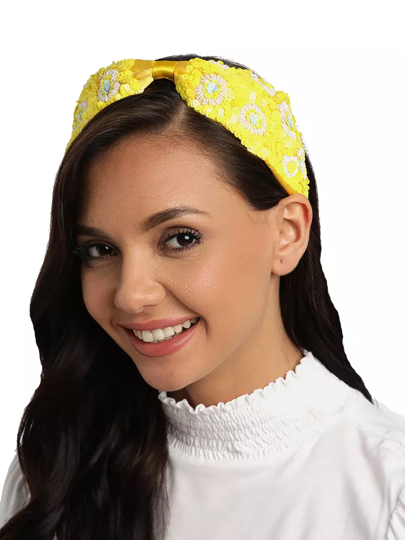 Anekaant Yellow & Multi Floral Sequined Satin & Faux Silk Hair Band