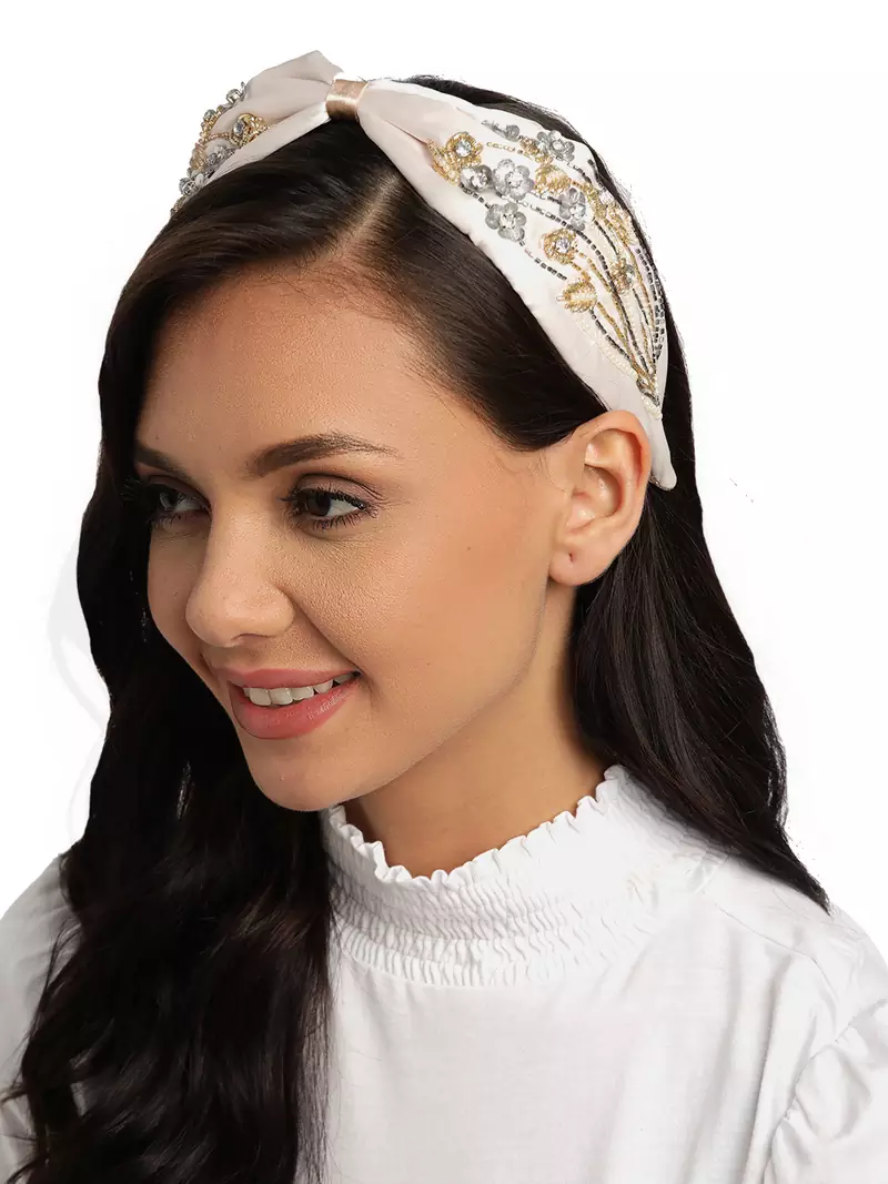 Anekaant Off-White & Multi Floral Embellished Satin Hair Band
