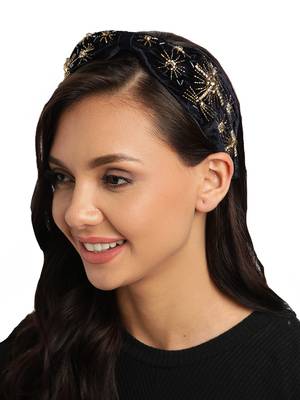 Dark Navy & Gold Medallion Embellished Velvet Hair Band 1