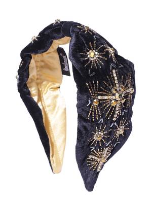 Dark Navy & Gold Medallion Embellished Velvet Hair Band 2