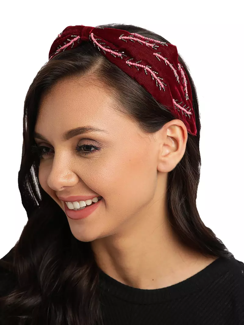 Anekaant Wine & Multi Botanical Embellished Velvet Hair Band