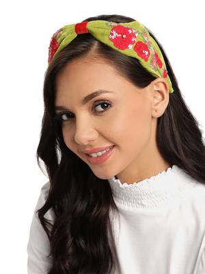 Anekaant Sea Green & Red Floral Embellished Velvet Hair Band 1