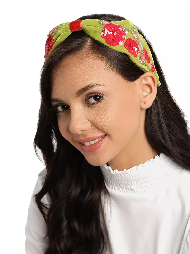 Anekaant Sea Green & Red Floral Embellished Velvet Hair Band
