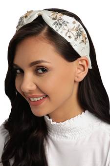 Anekaant Off White & Gold Floral Embellished Satin Hair Band