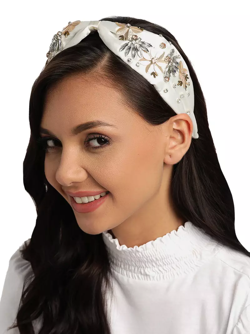 Anekaant Off White & Gold Floral Embellished Satin Hair Band