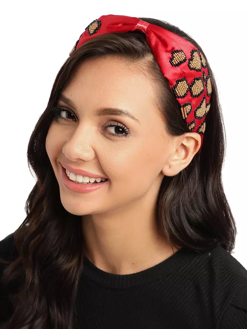 Anekaant Red & Multi Leapord Embellished Satin Hair Band