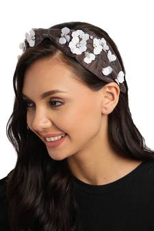 Grey & White Floral Embellished Velvet Hair Band