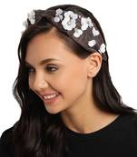 Grey & White Floral Embellished Velvet Hair Band