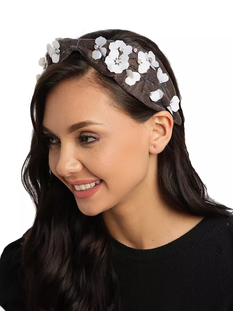 Anekaant Grey & White Floral Embellished Velvet Hair Band