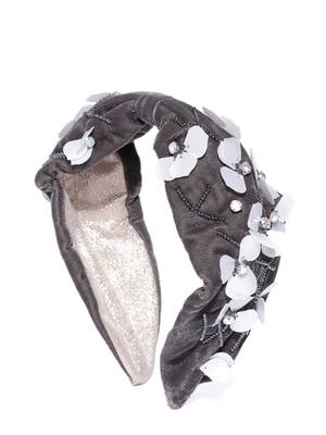 Grey & White Floral Embellished Velvet Hair Band 2