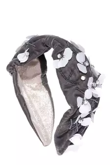 Grey & White Floral Embellished Velvet Hair Band