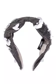 Grey & White Floral Embellished Velvet Hair Band