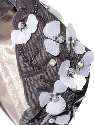 Grey & White Floral Embellished Velvet Hair Band 4