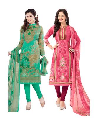 multicolor crepe Salwar Studio Women's Pack of 2 Synthetic Printed Unstitched Dress Material Combo 1