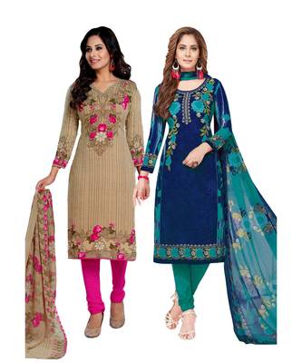 multicolor crepe Salwar Studio Women's Pack of 2 Synthetic Printed Unstitched Dress Material Combo 1