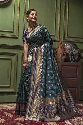 Dark green woven art silk saree with blouse 1