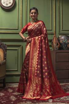 Red Woven Art Silk Saree With Blouse