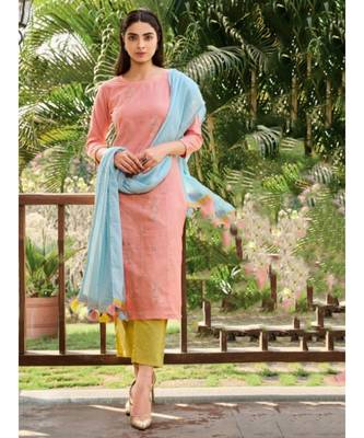 Pink Cotton Linen KURTI  PANNT & Dupatta set 1