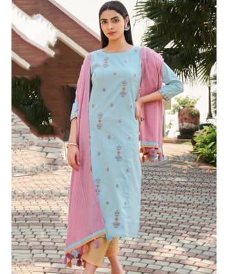 Blue Cotton Linen KURTI  PANNT &  Dupatta set 2