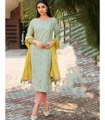 Green Cotton Linen KURTI  PANNT &  Dupatta set