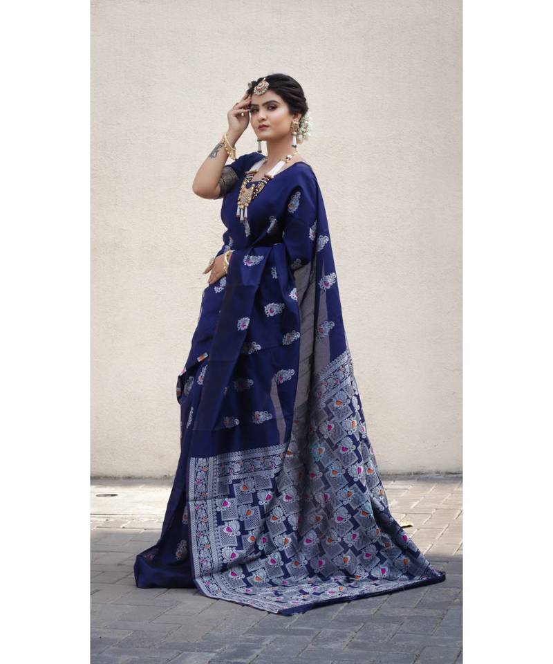 Nevy Blue Banarasi Saree All Over Bird Printed Saree With Seprate Blouse