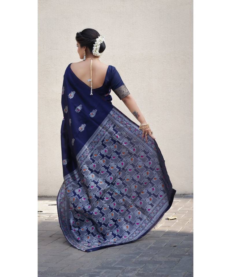 Nevy Blue Banarasi Saree All Over Bird Printed Saree With Seprate Blouse