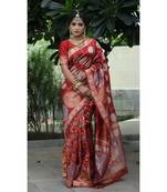 Red Banarasi Saree All over Circle ,Flower And Leaf Printed With Seprate Blouse
