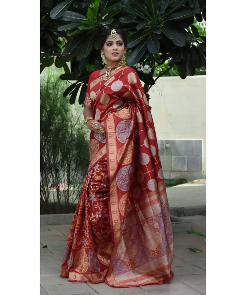 Red Banarasi Saree All over Circle ,Flower And Leaf Printed With Seprate Blouse