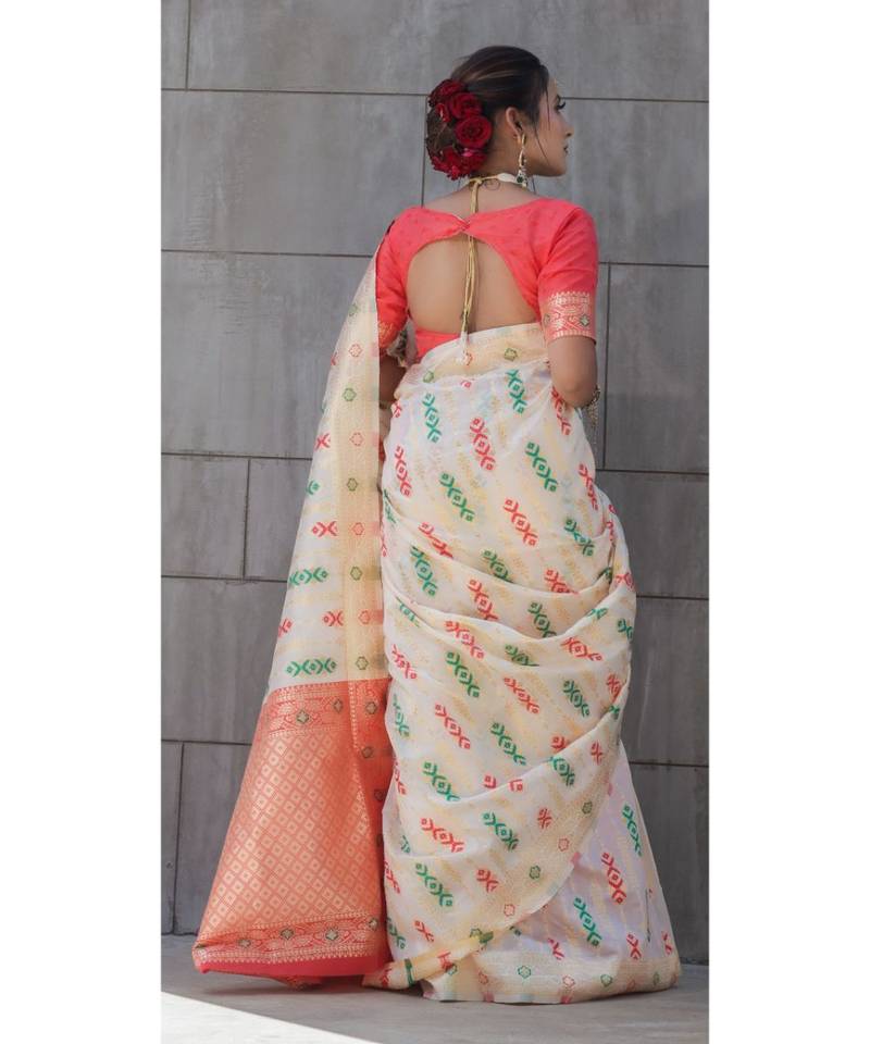 Pink & White Palm Tree Block Butta Print Cotton Saree with Blouse