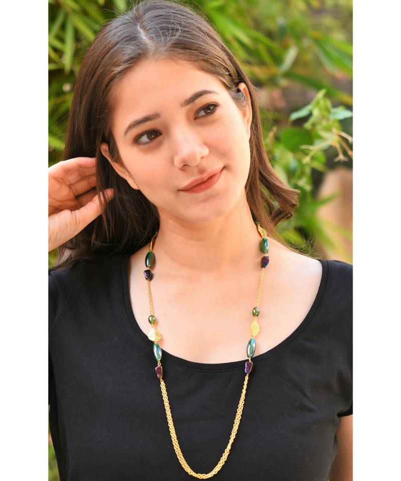DESIRE Leaf, Green & Brown beads  Necklace Mask Chain Eyeglass chain
