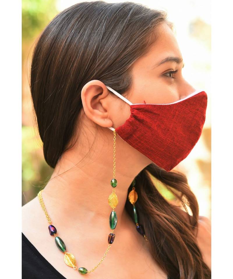 DESIRE Leaf, Green & Brown beads  Necklace Mask Chain Eyeglass chain