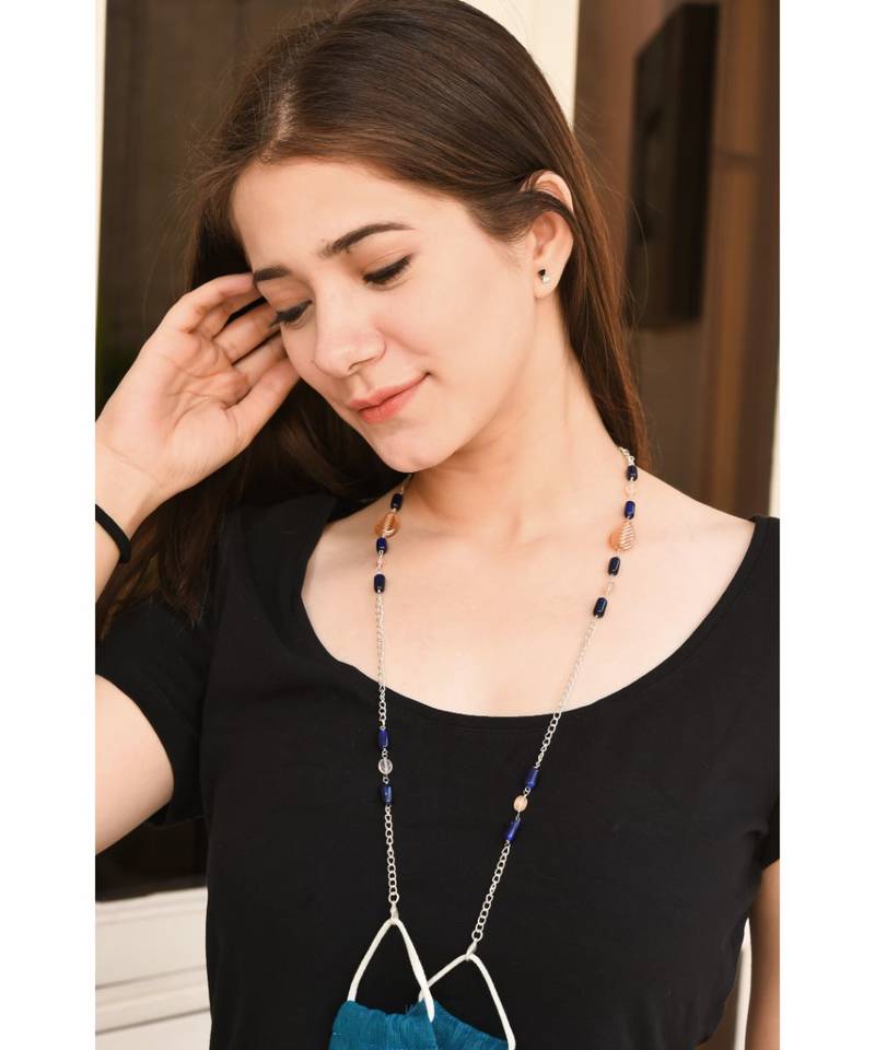 Lustre Peach Leaves & Blue Beads Necklace Mask Chain Eyeglass Chain