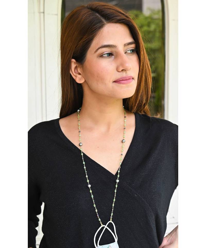 FASHIONISTA Black Pearl, Green Crystals Necklace Mask Chain Eyeglass Chain
