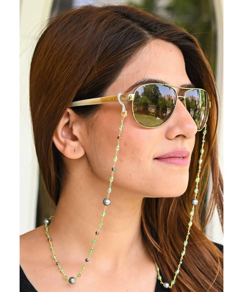 FASHIONISTA Black Pearl, Green Crystals Necklace Mask Chain Eyeglass Chain