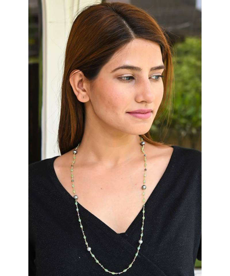 FASHIONISTA Black Pearl, Green Crystals Necklace Mask Chain Eyeglass Chain