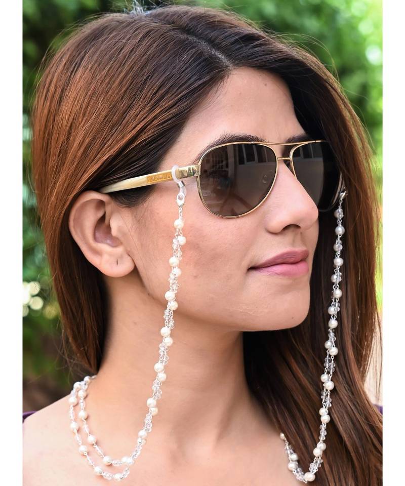 HEERA MOTI 2 Line White Pearl Necklace Mask Chain Eyeglass Chain